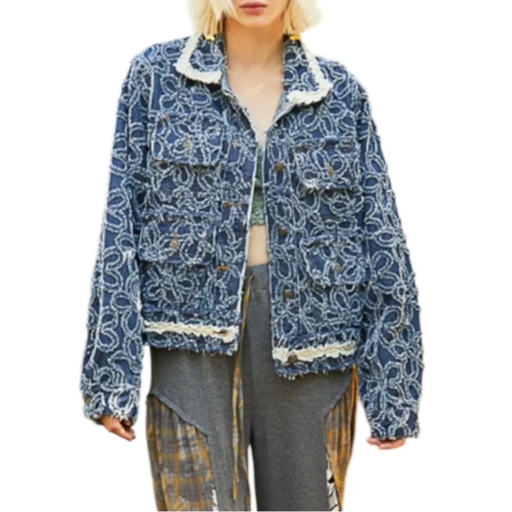POL / Textured Denim Jacket / Boho Floral Denim Coat - Picture 1 of 3